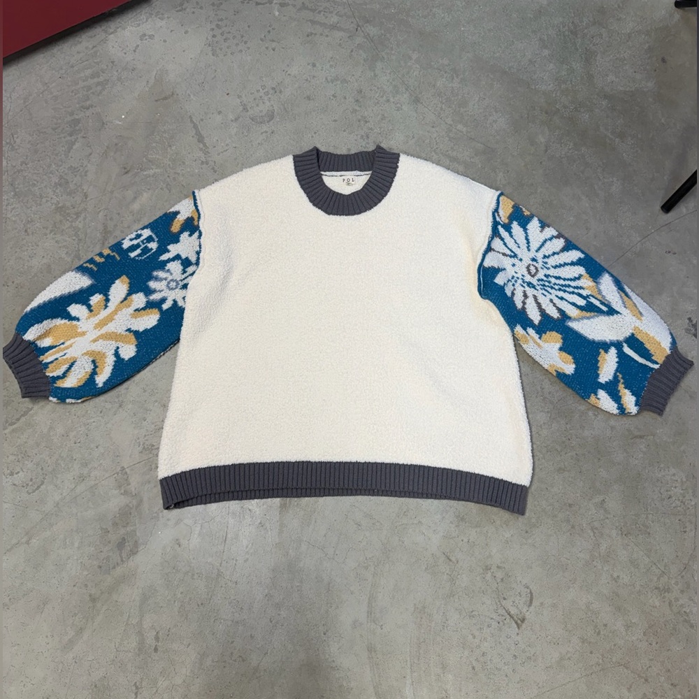 POL Cream Sweater with Blue Floral Sleeves